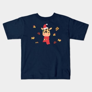 Christmas Giraffe And Autumn Leaves Kids T-Shirt